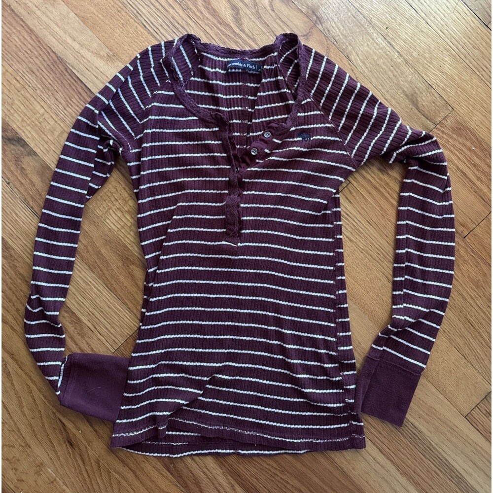 vtg ABERCROMBIE & FITCH striped y2k henley top S babydoll ribbed bella swan Lace - Picture 6 of 6